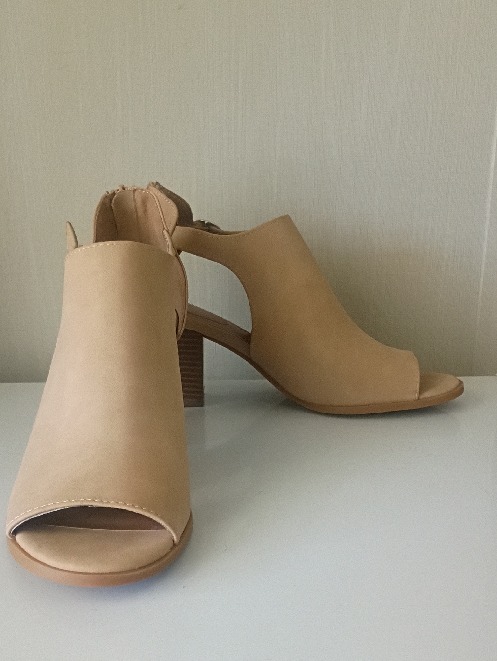 Style & Co. Jennaap Open-toe Block Heels Taupe Side Buckle Zipper Closure